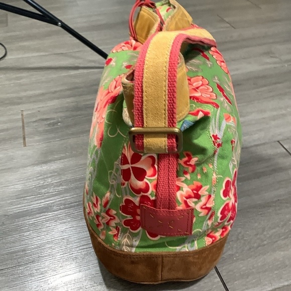 LUCKY BRAND VTG Y2K Floral Blossom Green Canvas Suede Boho Tote Handbag - Picture 4 of 13